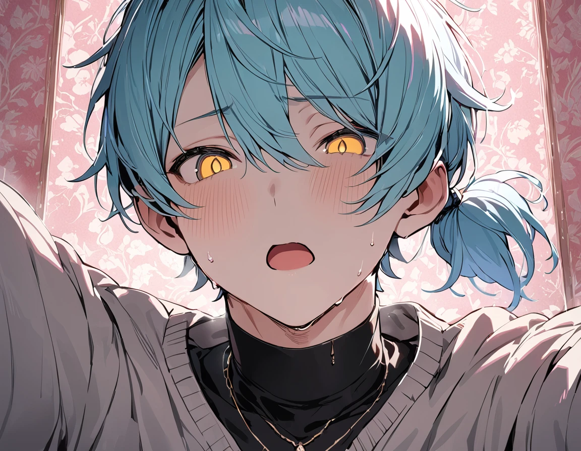 ((((best masterpiece, best quality, wallpaper,)))) solo, guy, male body, small muscles, flat chest, 1male, 30 years old, handsome man, dramatic angle, upper body, looking at viewers, beautiful detailed, mediumturquoise hair, ((((Lower short ponytail)))), asymmetrical bangs, ((short hair,)) blush stickers, sweat, (((perfect face, extremely detailed eyes,))) ((( jitome, gold eyes, ^o^, tareme, droopy eyes,))) perfect hands, sharp nose, clear face, black turtleneck, grey cardigan, ((silver piercing, pendant,)) leggings, pink background color ultrasharp, 8K, masterpiece,