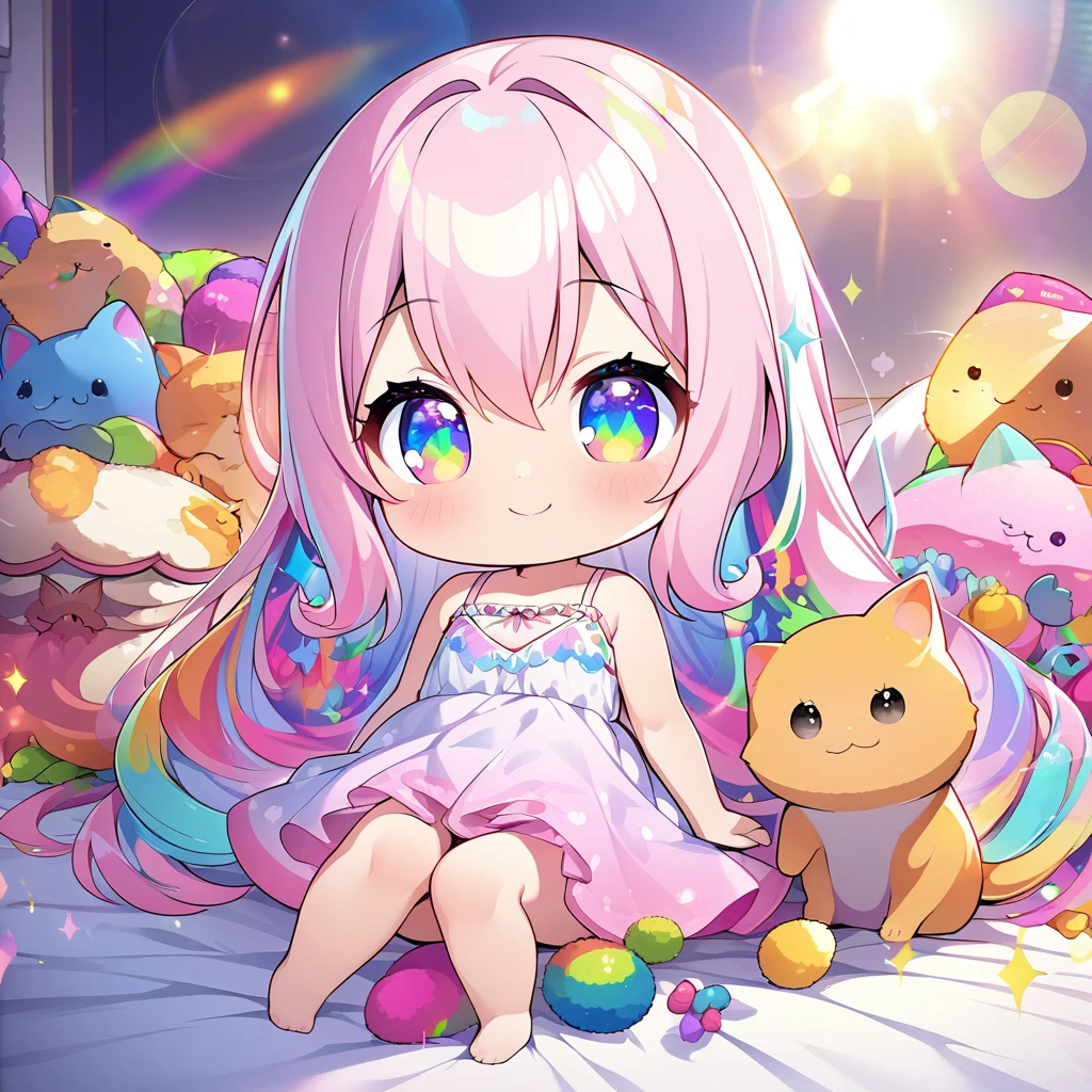 masterpiece, best quality, 4k、2D illustration、one beautiful girl、solo、(((chibi style)))、((vivid colors))、cute chibi、lovely chibi、((long beautiful hair)), glossy light pink hair, hair between eyes, cute、beautifully detailed eyes、((camisole dress)), ((miniskirt))、((colorful))、((happy smile))、sitting on bed、((full body shot))、((kitten)), ((lots of colorful stuff around))、((bed))、sparkle、((lens flare))、