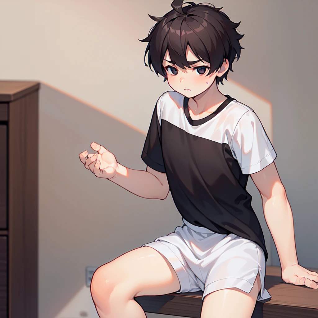 Old house in Japan,bed,dark,smile,close your eyes a little,1. small  ,short hair,Black Hair,blush,White T-shirt,Olive green shorts,barefoot,White skin,From below,night中,night,Pushing the audience down,Face down,