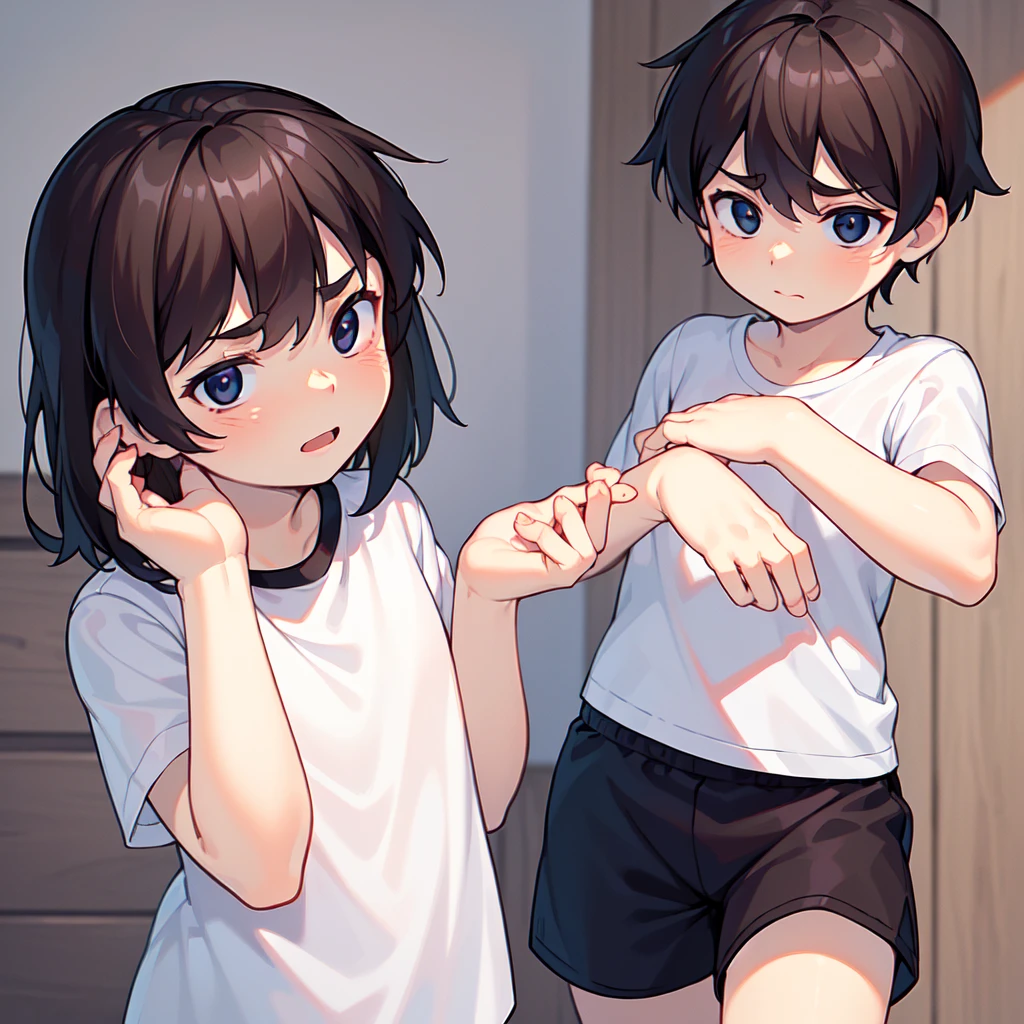 (8k, RAW Photo, Best Quality, Masterpiece:1.3),(Real,Photo:1.37),(Black Hair),Pose,1girl,Very Beautiful Face,Cute,(Small),(Put Your Hands Down))),Poggy Hairstyle,Random Expression,(White T-shirt),JK_style,(Track Shorts) ,Black Hair,(Age 19),Modest,Five Fingers,Normal Hands,Small Mouth,Straight Ha(ليس لابس شيء)
(عاري) (مفصخ)