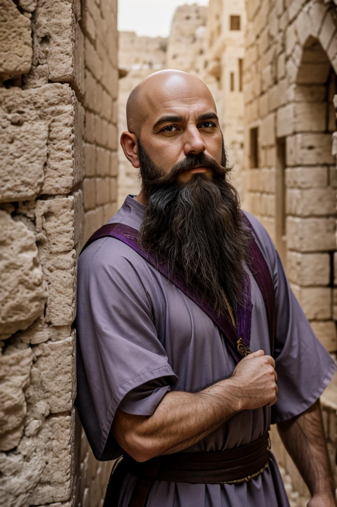 Bald violet beard biblical character with tunic shot in the middle of Jerusalem