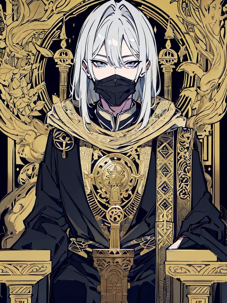 A white-haired man sat on a throne, wearing a black robe covered in intricate gold and silver decoration, with motifs of ancient symbols representing power and wisdom. His face was covered by an elegant mask with a design depicting the face of an invincible ancient god. mysterious smoke background.