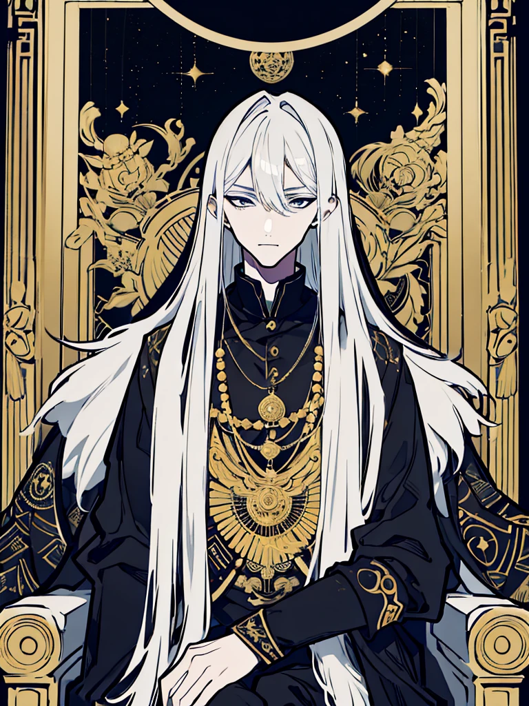 A white-haired man sat on a throne, wearing a black robe covered in intricate gold and silver decoration, with motifs of ancient symbols representing power and wisdom. His face was covered by an elegant mask with a design depicting the face of an invincible ancient god. mysterious smoke background.