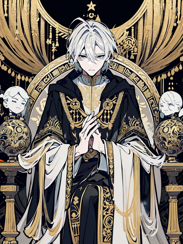 A white-haired man sat on a throne, wearing a black robe covered in intricate gold and silver decoration, with motifs of ancient symbols representing power and wisdom. His face was covered by an elegant mask with a design depicting the face of an invincible ancient god. mysterious smoke background.