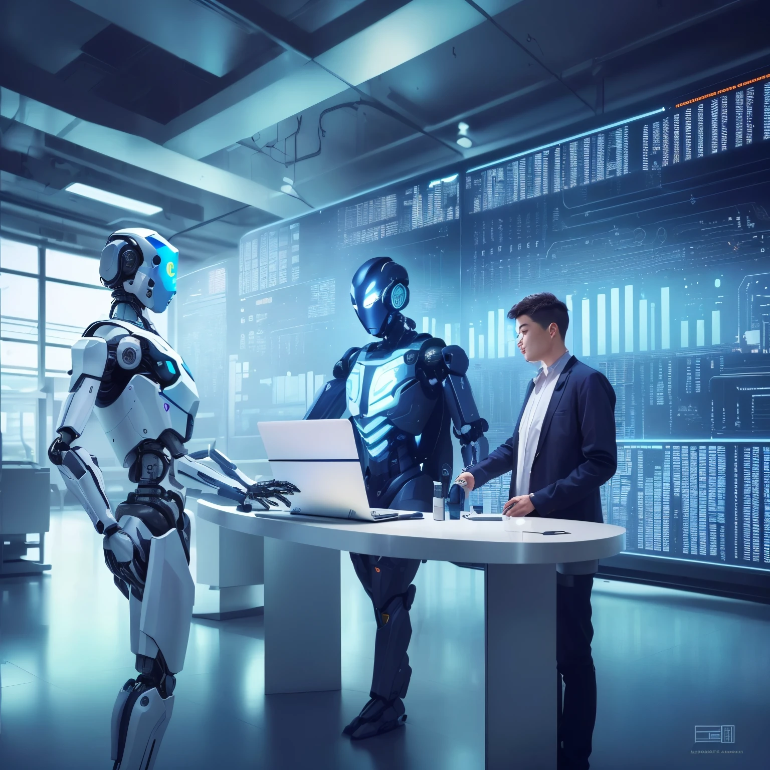 There was a man standing in front of a table，There is a robot on the table, Endless collaboration with artificial intelligence, With ai theme, Robot work, strong Artificial intelligence, Robots in the data center, In the data center, Artificial intelligence, You have started, Artificial intelligence generates realism, in the laboratory of the future, Artificial intelligence!!, Friendly humanoid network, Artificial