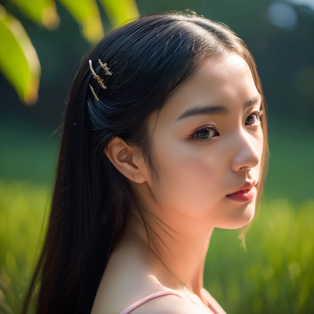 realistic: Open the aperture wide., professional lighting, Sony A7R4, 50 mm sitting lens. 2 ; Warm light, (digital painting, HDR ภาพถ่ายหน้าตรงThai anime, Female anime Araffe 25 30 years old, realistic: Open the aperture wide., professional lighting, Sony A7R4, 50 mm sitting lens. 2 ; Warm light, (digital painting, HDR, high contrast (digital painting, HDR, high contrast),Old jeans torn, bright colored t-shirts, Looking straight at you intently, Long-haired woman with a round face, Red cheeks, Pink cheeks, black eyes ตาสองชั้น, black eyes, Thai anime, Has a large chest size of 38 inches., ponytail woman, flowing black hair, long flowing black hair, she has black hair, Her black hair was long and wavy., beautiful black hair, Extra dark natural black hair, The shirt is tight., Looks hot., ,black eyes,abdominal muscles, rounded chest, outdoor, The background is a rice field., There is an old thatched Thai-style hut in the background., The evening sun shines, beautiful female model, jaw-dropping beauty, realistically,