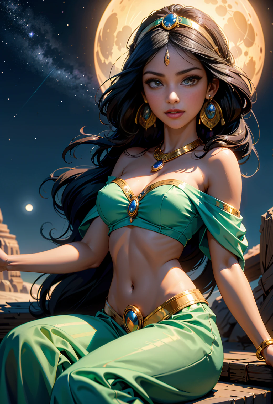 Princess Jasmine, jasmine, Disney Characters, best quality, (masterpiece:1.2), high quality, Highres, (hyper detailed), (portrait), photorealistic, 4K, ultra HD, insanely detailed and intricate, (beautiful detailed face and eyes:1.2), 1girl, solo, dark skin, brown eyes, detailed hair, long hair, parted bangs circlet, black hair, (Arabian clothes), bandeau, bare shoulders, off shoulder, crop top, cleavage, midriff, navel, pants, jewelry, earrings, necklace, high resolution, HDR, extremely detailed CG, f 2.8 lens, (beautiful detailed background), detailed landscape, (full moon), moonlight, (desert), soft shaded, light sparkles, starry sky, cloudless sky, (looking afar), sitting, (dynamic pose:1.2), smile, (cowboy shot:1.2),