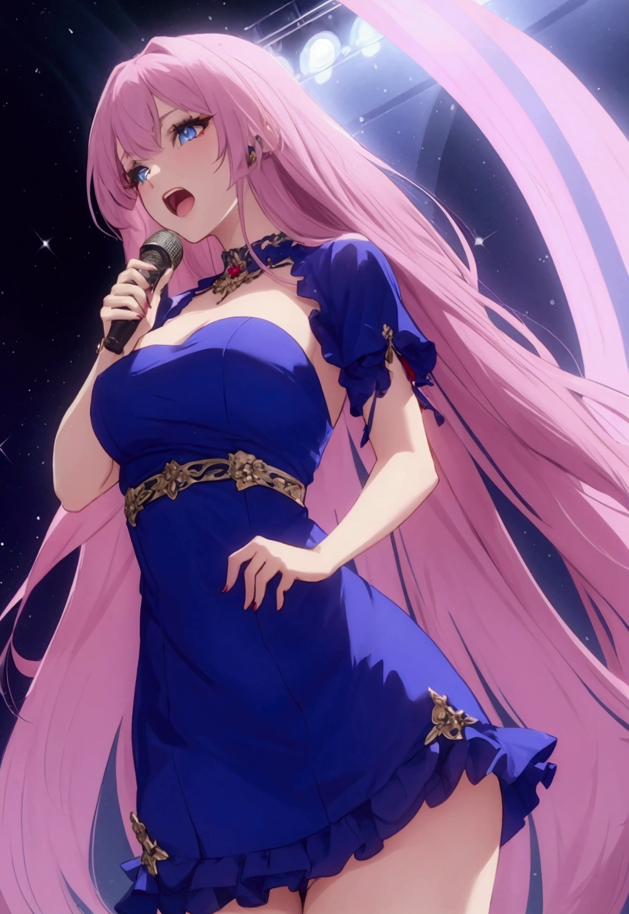 a one woman,with long lilac hair,blue colored eyes,with a chic short red dress,singing