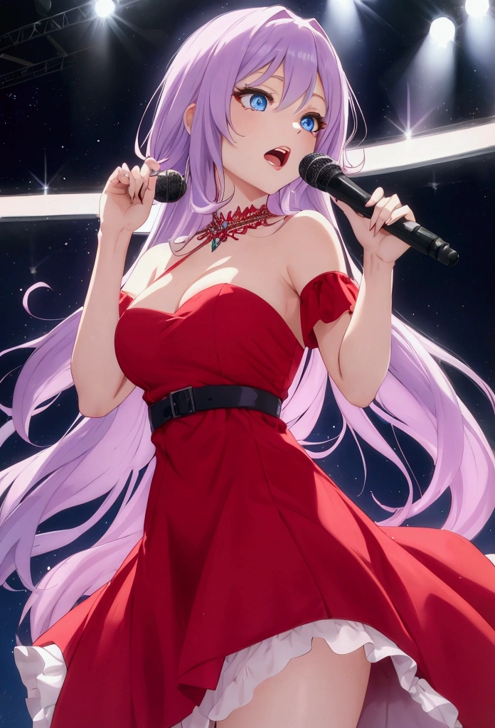 a one woman,with long lilac hair,blue colored eyes,with a short red dress,singing