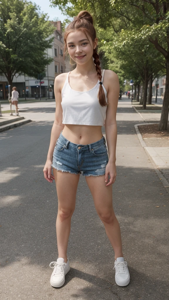 A sexy -yeld veyoung girl who looks like Chloë grace moretz, poses smiling on a park. She wears a short, red bodice, along with jean sport underware and white sneakers. The girl has long redhair, styled in two pigtails, and wears a relaxed expression. photorealistic, high definition, natural light, detailed, perfect hands, perfect little body, natural skin imperfections, very youthful body and face, 8k, full body shot