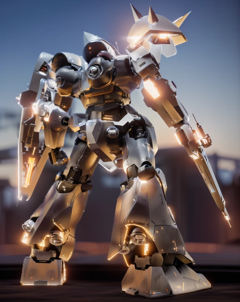 ((A giant mecha standing on a battleship, the horizon, the setting sun)), FULL BODY:1. 6, (subdivisions, mechanical,  high-tech, piston, robotic frame, metal joints, rubber cable), (SF, Hard Surface, Armor, Metal Bolt, Robotic, Industrial, Structural, Sub-D), (CGI, 3D, Realistic),