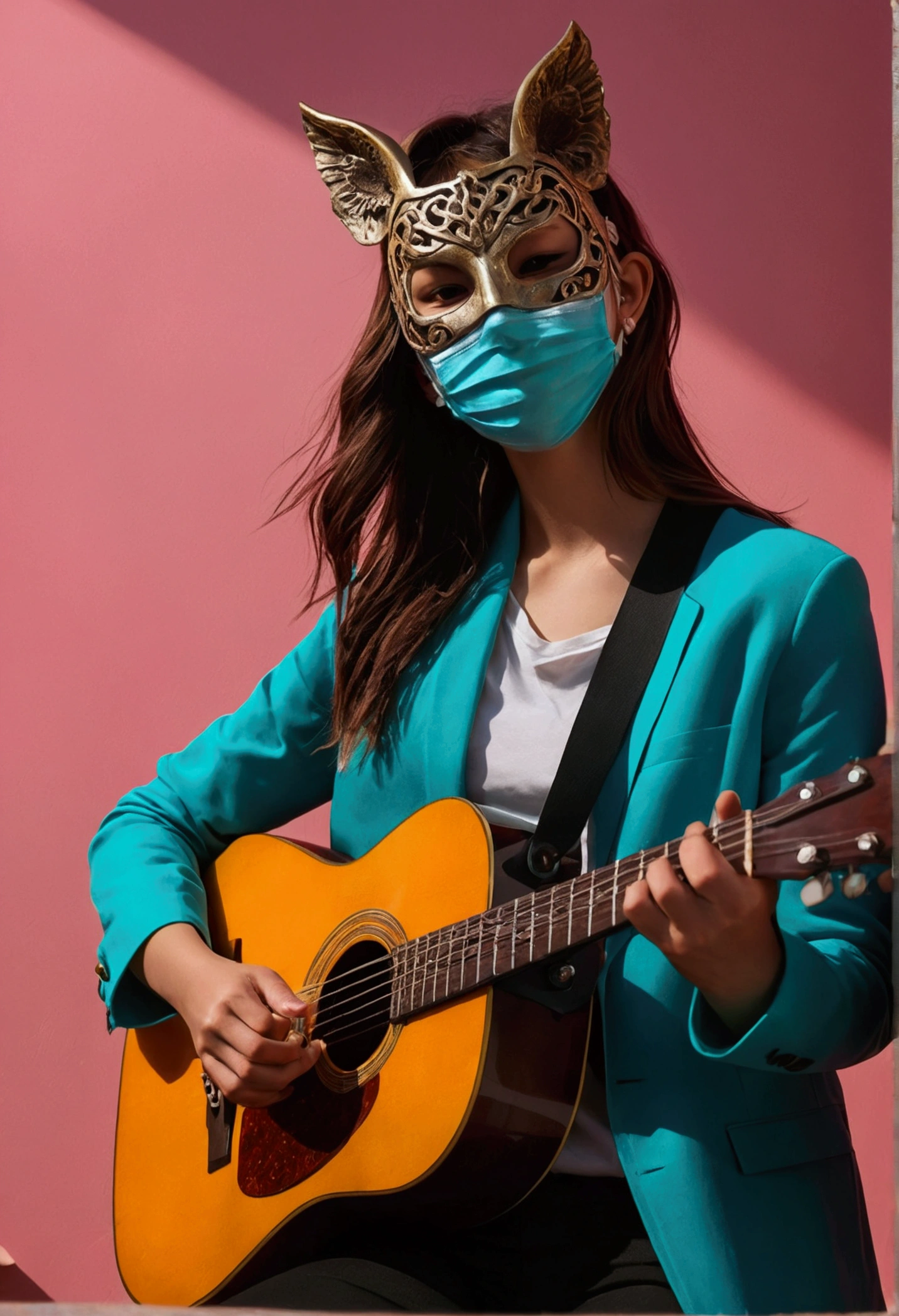 aesthetic tomboy playing guitar with a mask