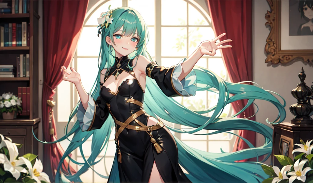 Draw a single woman. Create a high-quality anime image of a beautiful female character with long, flowing aqua-green hair adorned with white flowers. She has large, sparkling blue eyes and a gentle smile with a slight blush on her cheeks. The character wears a stylish black outfit with intricate details, including black ruffled sleeves and a cross-strap design on the back. A pink ribbon and a golden heart accentuate her waist. She is looking towards you, winking and smiling very much.

The setting is a bright, cozy room with sunlight streaming in from the ceiling giving the character a warm glow. The background includes a small bookshelf, green plants and other elements that contribute to a calm, inviting atmosphere.

The overall atmosphere of the image should be bright and a little flirty, highlighting the character's charm and attractive personality.　arched back