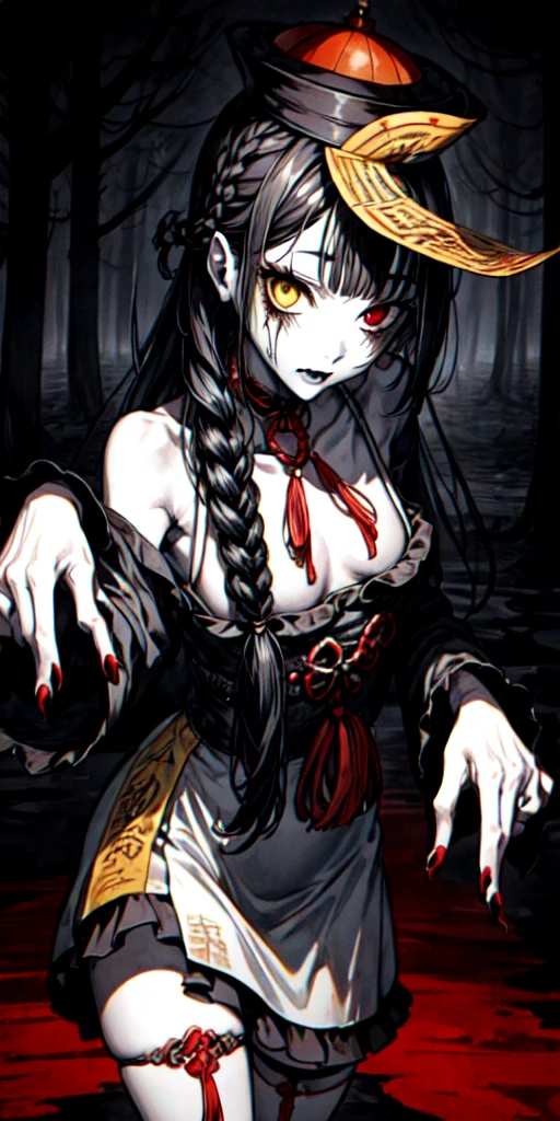 lora:flat:-1.2, masterpiece, best quality, 4k, 8k, 1 woman, solo, tall stature, long hair, blunt bangs, side braid, black hair, ugly face, bad face, bad eyes, droopy eyes, unclear eyes, ruby red eyes, lemon yellow eyes, pale skin, black eyeliner, black eye shadow, heterochromia, slender frame, sad, ofuda, jiangshi costume:1.2, fang, horror, coffin, forest, dark night, stormy weather, fog, from front, cowboy shot, look at viewer, paw pose,