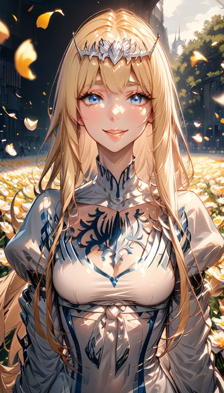 best quality, high-resolution,ultra-detailed,portrait, , standing,flowers field,,smiling woman,close up to abs, beautiful detailed eyes,beautiful detailed lips,flower petals on air,,vivid colors,studio lighting,soft sunlight, happy face, ((cleavages:0.6)), half body, 1girl,solo, calca, blonde hair, ,( extremely long hair:1.2), very long hair, extra long hair, white tiara, white dress, blue eyes,Calca Bessarez, medium breast,Calca