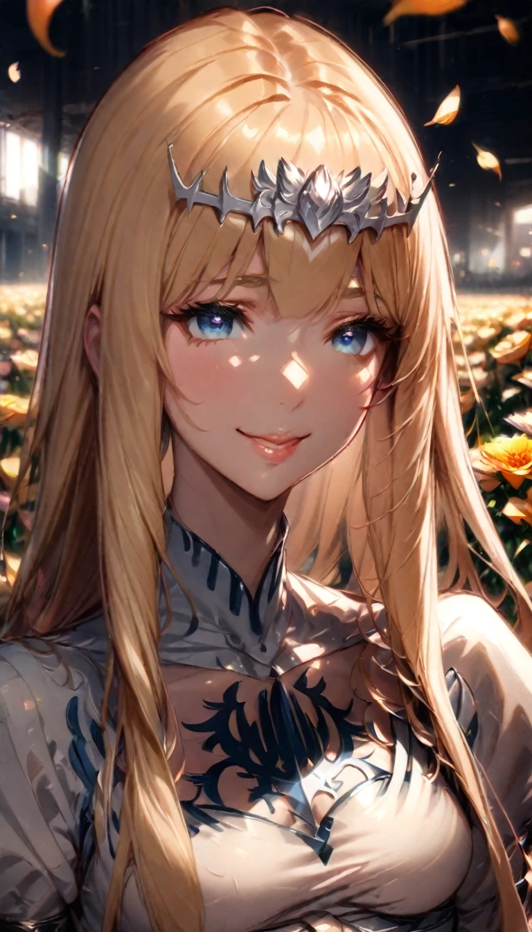 best quality, high-resolution,ultra-detailed,portrait, ,  standing,flowers field,,smiling woman,close up to abs,  beautiful detailed eyes,beautiful detailed lips,flower petals on air,,vivid colors,studio lighting,soft sunlight, happy face, ((cleavages:0.6)), half body, 1girl,solo, calca, blonde hair, ,( extremely long hair:1.2), very long hair, extra long hair, white tiara, white dress, blue eyes,Calca Bessarez, medium breast,Calca