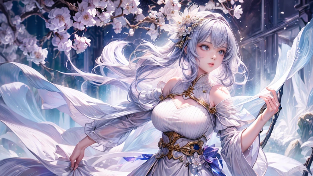 (8K, 最high quality, masterpiece: 1.2), Fire emblem: Genealogy of the Holy War,Deirdre,purplish-silver hair,Wavy Hair,Fleeting,Long walking stick,White robe,beautiful girl,Moonlit Night,sexy,Glamour,Purple eyes,sacred,Dynamic pose,One Girl,Flower Field,Lakeside(the best品質を最高に8K, CG, Beautiful and exquisite upper body, Floral forest background, Complex facial features,  Almond Eyes, Exquisite eye makeup, Long eyelashes fluttering, Blinking big eyes, (masterpiece, 最high quality, the best, Official Art, Beautiful and beautiful, Long-term exposure: 1., Smooth movement, Attractive patterns, 1 Girl, (Long sleeve dress: 1.3), (((White clothes) )), Delicate face,Lavender colored hair,Wavy Hair, Gradient Hair,Long Hair, Bare shoulders, ,Detailed Background, Delicate face, (Crystallized Aluminum, Crystal Theme:1.1),  Dynamic pose, Suspended particles, Ethereal atmosphere,gem,One Girl,goddess，Delicate and beautiful face,Flowing，Full Breast，Perfect balance, Detailed clothing details,Cinema Lighting, Film Grain, Fujicolor, masterpiece, Textured skin, Very detailed, High detail, high quality, High resolution,(最high quality, masterpiece, Dynamic Angle, the best詳細)