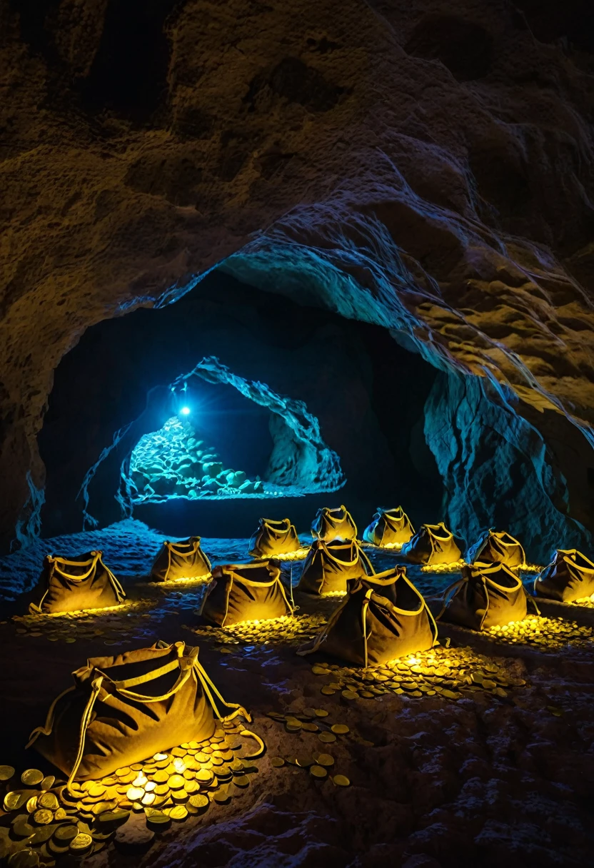 a group of bags standing on the ground, the bags are filled with gold coins, a cave, neon lighting of the walls and roof of the cave, the glow of gold,