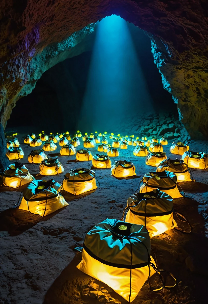 a group of bags standing on the ground, the bags are filled with gold coins, a cave, neon lighting of the walls and roof of the cave, the glow of gold,