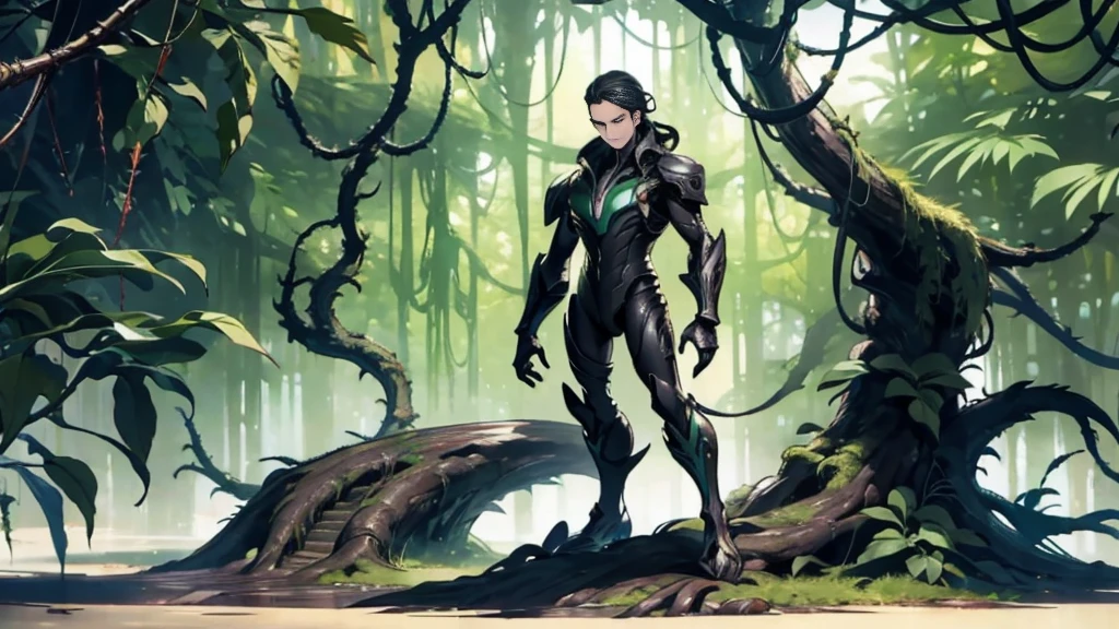 man,Tall figure,muscle,Bioengineered human-tree hybrid,look at viewer,Tangled branches for hair,bark surface,tree face,bark face,สวมใส่ชุดBlack suit,ชุดBlack suit,Black suit,leaves spring from the body,Standing in the desolate ruins,There is moss and vines.,ultra realistic,high resolution,depth of field,about beauty,Product introduction images,wear a suit,Tall figure,Big one