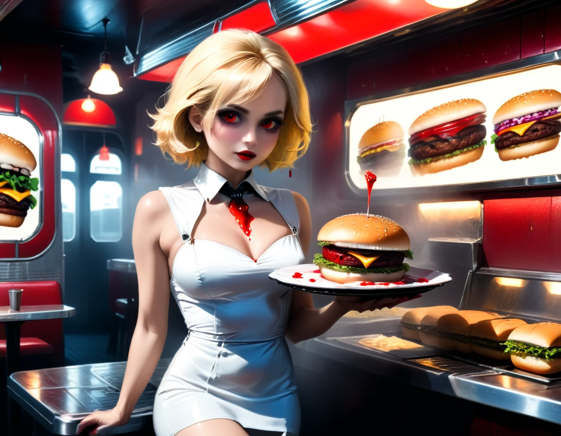 a 3D digital painting picture of extremely (beautiful female vanpire:1.3) ((serving a big juicy raw hamburger: 1.3)) on a tray, dripping blood in a goth American diner, an exquisite beautiful female (vampire:1.3), (full body: 1.3) ultra feminine ultra detailed face, best detailer face, blond hair, short hair, red lips, red eyes, glowing eyes, wearing sexy white seductive latex dress, serving a goth diner American kitchen background, full body dynamic angle, , award winning, best quality, high quality, high details, highres, vibrant, Ultra-high resolution, High Contrast, (masterpiece:1.5), highest quality, Best aesthetics, best details, best quality, highres, ultra wide angle, 16k, [ultra detailed], masterpiece, best quality, photorealistic, 3D rendering, Cinematic Hollywood Film, chumbasket art style
