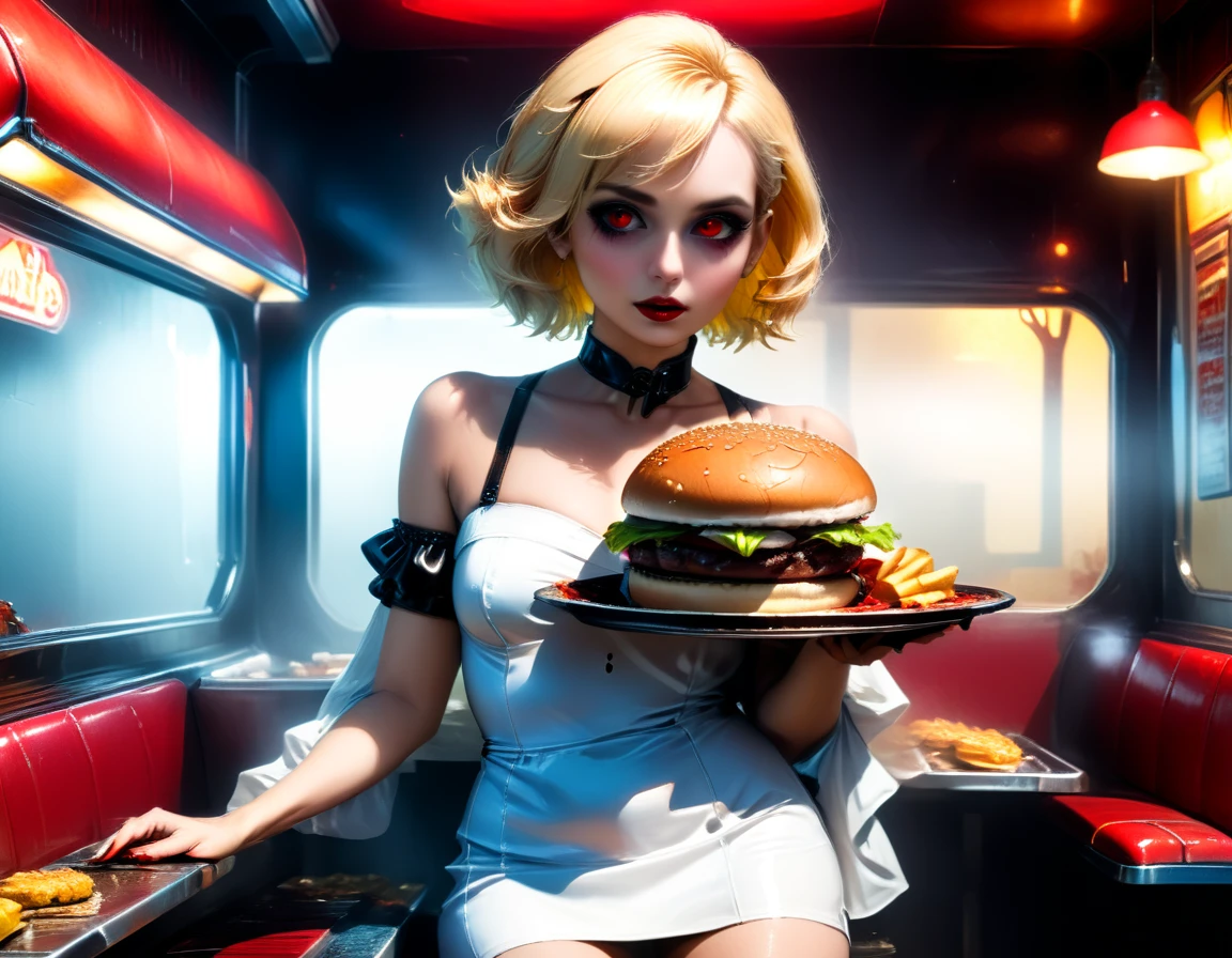 a 3D digital painting picture of extremely (beautiful female vanpire:1.3) ((serving a big juicy raw hamburger: 1.3)) on a tray, dripping blood in a goth American diner, an exquisite beautiful female (vampire:1.3), (full body: 1.3) ultra feminine ultra detailed face, best detailer face, blond hair, short hair, red lips, red eyes, glowing eyes, wearing sexy white seductive latex dress, serving a goth diner American kitchen background, full body dynamic angle, , award winning, best quality, high quality, high details, highres, vibrant, Ultra-high resolution, High Contrast, (masterpiece:1.5), highest quality, Best aesthetics, best details, best quality, highres, ultra wide angle, 16k, [ultra detailed], masterpiece, best quality, photorealistic, 3D rendering, Cinematic Hollywood Film, chumbasket art style