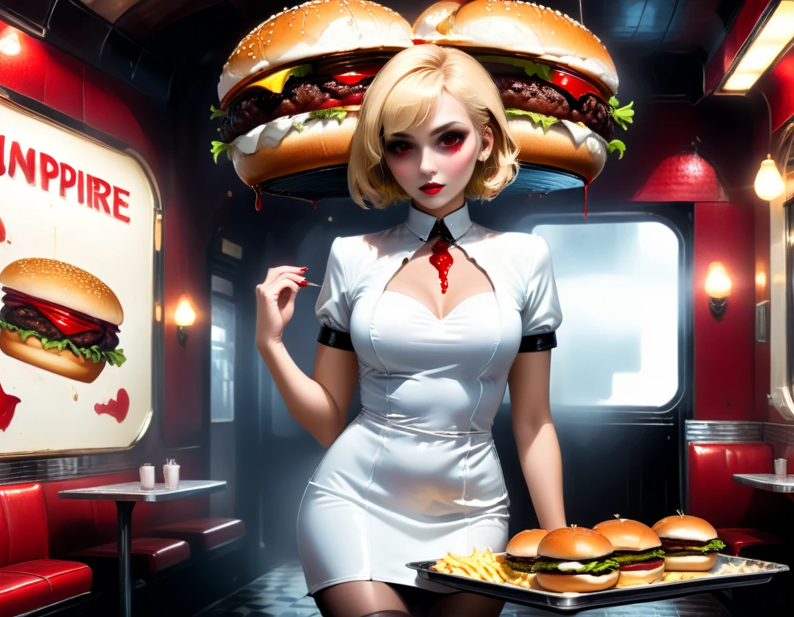 a 3D digital painting picture of extremely (beautiful female vanpire:1.3) ((serving a big juicy raw hamburger: 1.3)) on a tray, dripping blood in a goth American diner, an exquisite beautiful female (vampire:1.3), (full body: 1.3) ultra feminine ultra detailed face, best detailer face, blond hair, short hair, red lips, red eyes, glowing eyes, wearing sexy white seductive latex dress, serving a goth diner American kitchen background, full body dynamic angle, , award winning, best quality, high quality, high details, highres, vibrant, Ultra-high resolution, High Contrast, (masterpiece:1.5), highest quality, Best aesthetics, best details, best quality, highres, ultra wide angle, 16k, [ultra detailed], masterpiece, best quality, photorealistic, 3D rendering, Cinematic Hollywood Film, chumbasket art style