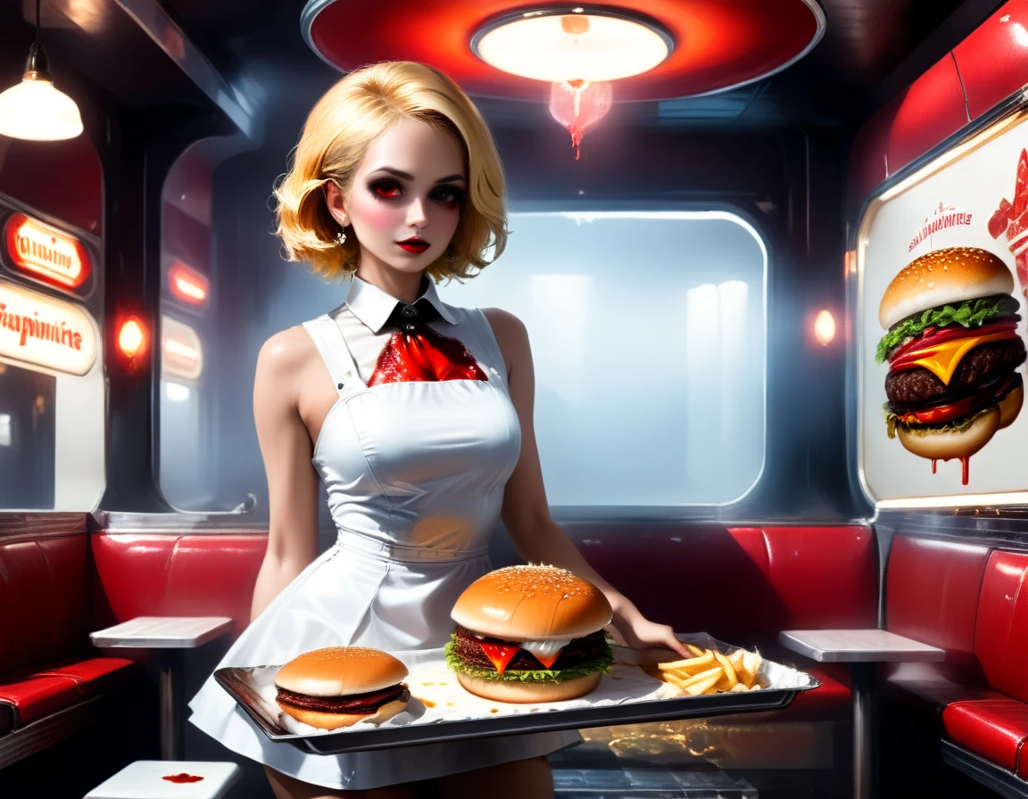 a 3D digital painting picture of extremely (beautiful female vanpire:1.3) ((serving a big juicy raw hamburger: 1.3)) on a tray, dripping blood in a goth American diner, an exquisite beautiful female (vampire:1.3), (full body: 1.3) ultra feminine ultra detailed face, best detailer face, blond hair, short hair, red lips, red eyes, glowing eyes, wearing sexy white seductive latex dress, serving a goth diner American kitchen background, full body dynamic angle, , award winning, best quality, high quality, high details, highres, vibrant, Ultra-high resolution, High Contrast, (masterpiece:1.5), highest quality, Best aesthetics, best details, best quality, highres, ultra wide angle, 16k, [ultra detailed], masterpiece, best quality, photorealistic, 3D rendering, Cinematic Hollywood Film, chumbasket art style