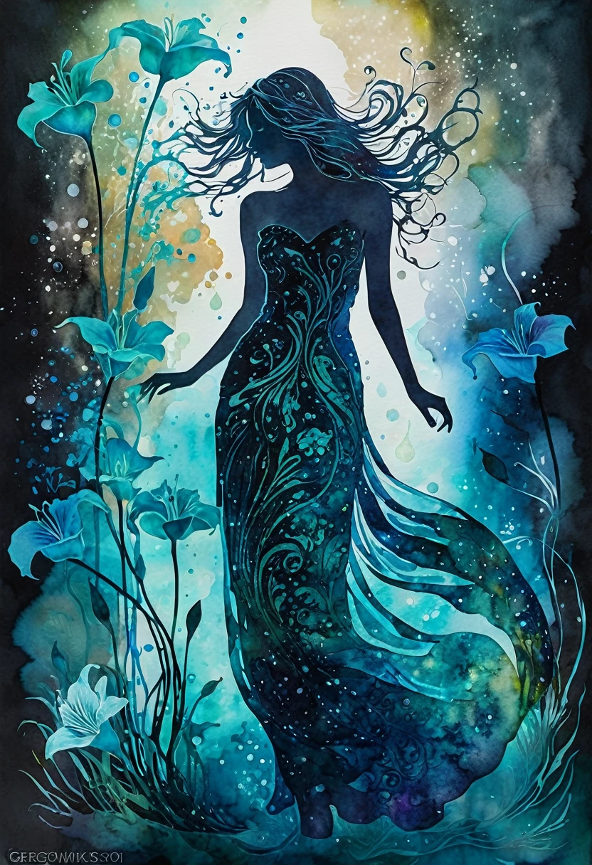 Double exposure, Mixed media, beautiful  bioluminescent elusive full length ghostly image of an elusive transparent silhouette of a dreamy lady, blending into a celestial realm of beauty and mystery, alcohol ink, surrounded by an aura of beauty and chaos, divine ethereal beauty, second image is overlay of (transparent lilies), smoky mist ultra fine detail,  calligraphic effects, surreal, batik, atmospheric, mystical masterpiece, Watercolor, trending on artstation, sharp focus, studio photo, intricate details, highly detailed, by greg rutkowski