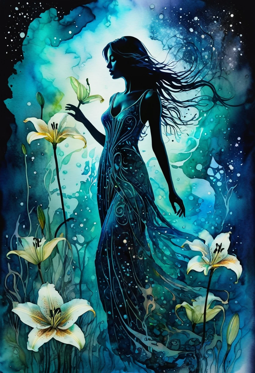 Double exposure, Mixed media, beautiful bioluminescent elusive full length ghostly image of an elusive transparent silhouette of a dreamy lady, blending into a celestial realm of beauty and mystery, alcohol ink, surrounded by an aura of beauty and chaos, divine ethereal beauty, second image is overlay of (transparent lilies), smoky mist ultra fine detail, calligraphic effects, surreal, batik, atmospheric, mystical masterpiece, Watercolor, trending on artstation, sharp focus, studio photo, intricate details, highly detailed, by greg rutkowski