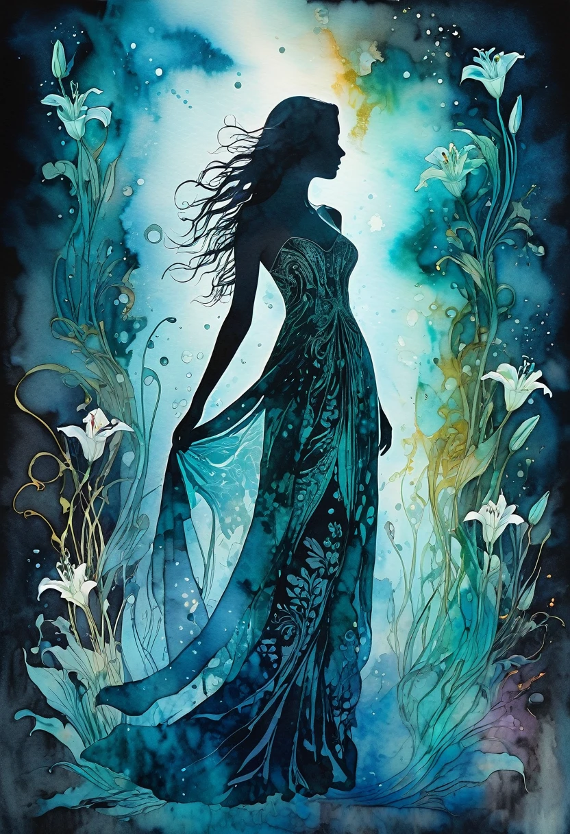 Double exposure, Mixed media, beautiful  bioluminescent elusive full length ghostly image of an elusive transparent silhouette of a dreamy lady, blending into a celestial realm of beauty and mystery, alcohol ink, surrounded by an aura of beauty and chaos, divine ethereal beauty, second image is overlay of (transparent lilies), smoky mist ultra fine detail,  calligraphic effects, surreal, batik, atmospheric, mystical masterpiece, Watercolor, trending on artstation, sharp focus, studio photo, intricate details, highly detailed, by greg rutkowski