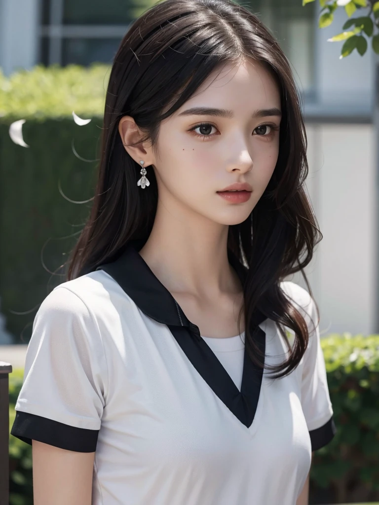 absurdres, RAW photo, extremely delicate and beautiful, masterpiece, Best Quality, ultra high resolution, 32k, hyperrealistic, ultra-detailed, perfect figure, Super Beauty, Perfect Style, Perfect balance, in her 20s, very small head, very small face, delicate facial features, tearful mole, earring, ((very huge breasts)), ((full body shot)), bare legs, medium hair, black hair, ((sports uniform)),
