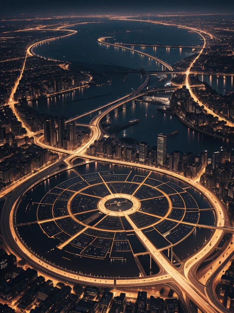 The dark themed city of lunathion from crescent city book series, circle shaped city , the city has 7 small gates evenely spread around the city's perimeter,the inner part of the circle shaped city features tall modern buldings, orderly grid roads and streets, a small gate in the middle of the city, a wide slightly curved river that crosses the city from one side to the other at the bottom part of the circle, and the outside of the circled shape city is surrounded by woods, at sunset, with a lot of yellow street lights