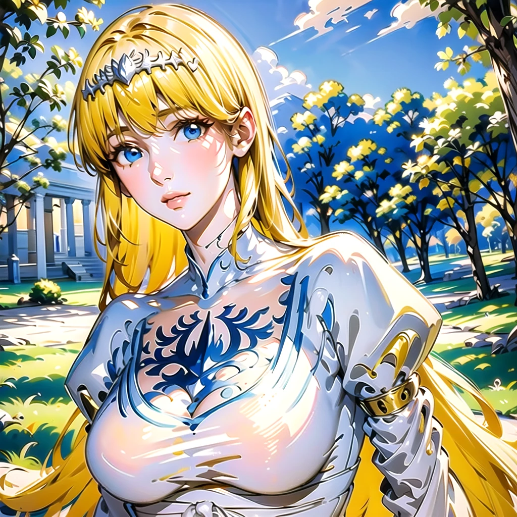 ,Beautiful and fair、Radiant Skin, 3 Up, Gorgeous, bright, Refreshing and gentle expression, Perfect beautiful face、Beautiful shiny bangs, A very beautiful 25 year old girl, Eyeliner, Very perfect eyes,1girl,solo, calca, blonde hair, ,( extremely long hair:1.2), very long hair, extra long hair, white tiara, white dress, blue eyes,Calca Bessarez, medium breast,Calca