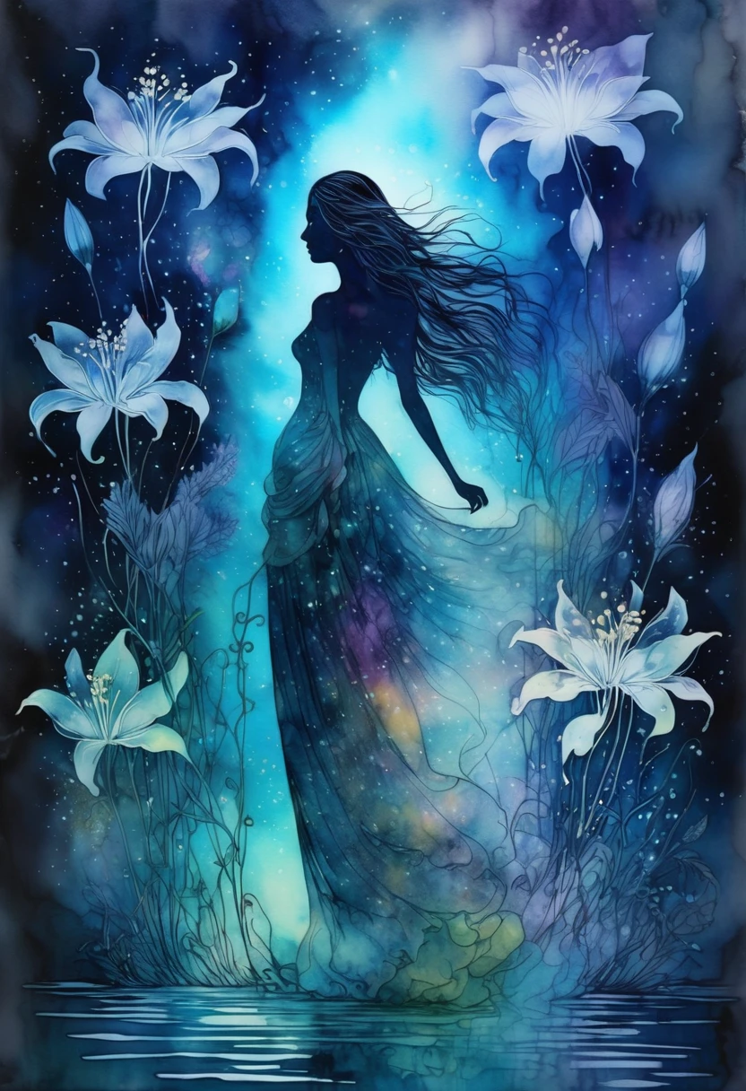 Double exposure, Mixed media, beautiful bioluminescent elusive full length ghostly image of an elusive transparent silhouette of a dreamy lady, blending into a celestial realm of beauty and mystery, alcohol ink, surrounded by an aura of beauty and chaos, divine ethereal beauty, second image is overlay of (transparent lilies), smoky mist ultra fine detail, calligraphic effects, surreal, batik, atmospheric, mystical masterpiece, Watercolor, trending on artstation, sharp focus, studio photo, intricate details, highly detailed, by greg rutkowski