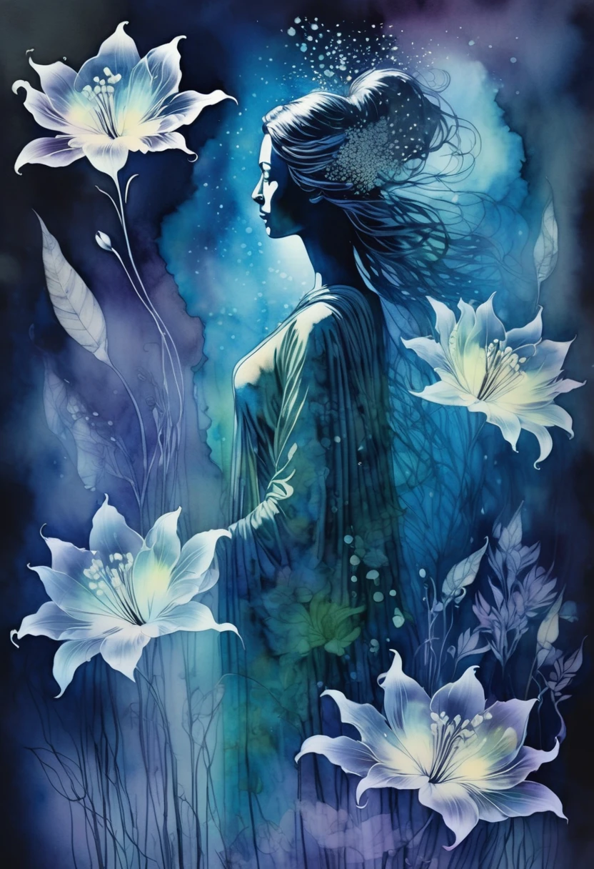Double exposure, Mixed media, beautiful bioluminescent elusive full length ghostly image of an elusive transparent silhouette of a dreamy lady, blending into a celestial realm of beauty and mystery, alcohol ink, surrounded by an aura of beauty and chaos, divine ethereal beauty, second image is overlay of (transparent lilies), smoky mist ultra fine detail, calligraphic effects, surreal, batik, atmospheric, mystical masterpiece, Watercolor, trending on artstation, sharp focus, studio photo, intricate details, highly detailed, by greg rutkowski