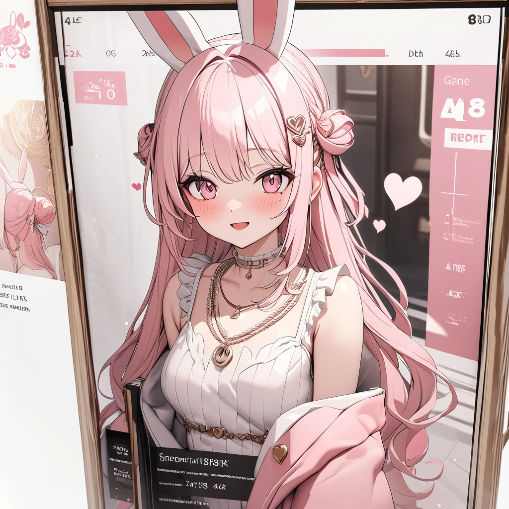highest quality, highest quality, Very detailed, high resolution, expensive resolution, Human Development Report, 4K, 8K, unity 8K wallpaper, expensively detailed CG, masterpiece, Practical, photoPractical, 2D, 3d, Beautiful details, depth, Delicate texture , very good: 1.3, Fully focus, crispy.skin, .he,
Very cute anime girl with Pink bun wearing expensive , A girl, Smile、Solitary, Pink bun, Animal ears, Bunny ears, mole under the eye, looking at the viewer , expensive , blush, mole, Bunny ears, Open your mouth, Hair accessories, heart, Pink Eyes, Necklace