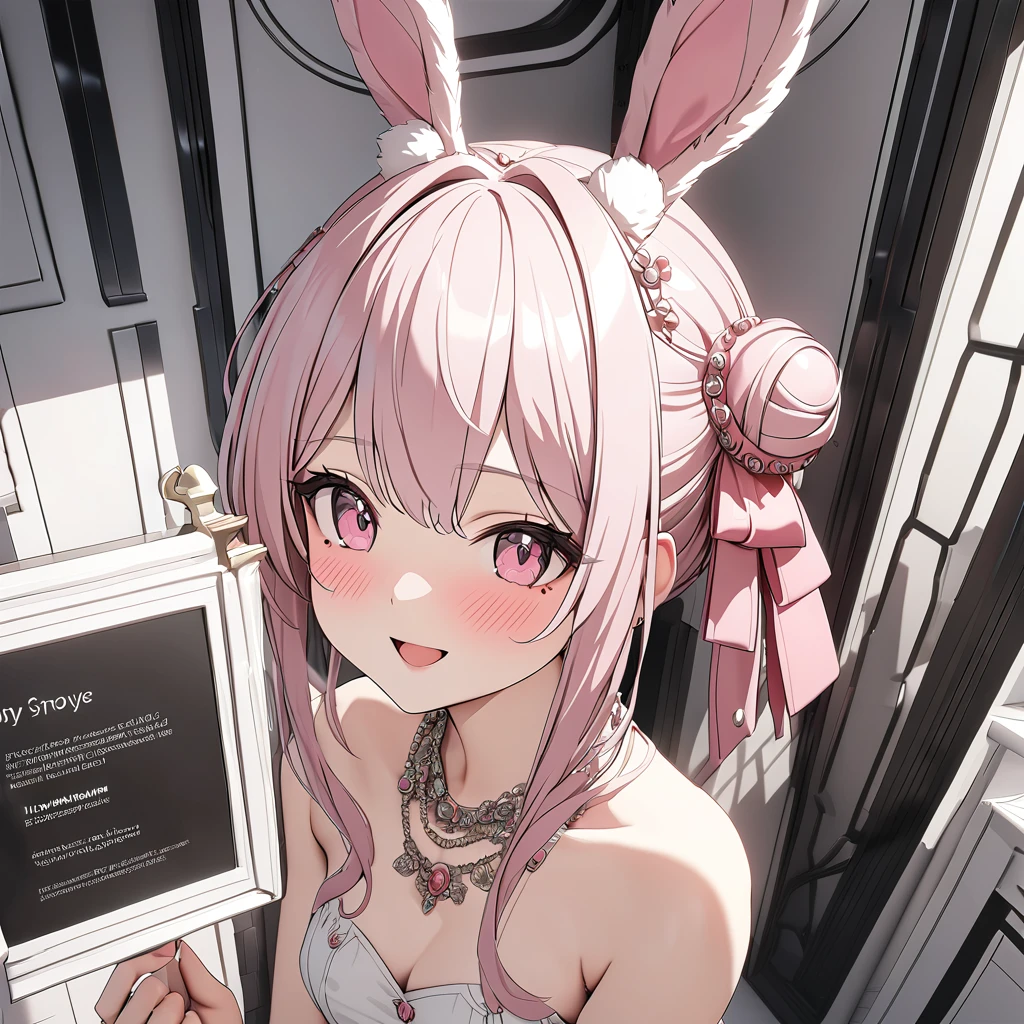 highest quality, highest quality, Very detailed, high resolution, expensive resolution, Human Development Report, 4K, 8K, unity 8K wallpaper, expensively detailed CG, masterpiece, Practical, photoPractical, 2D, 3d, Beautiful details, depth, Delicate texture , very good: 1.3, Fully focus, crispy.skin, .he,
Very cute anime girl with Pink bun wearing expensive , A girl, Smile、Solitary, Pink bun, Animal ears, Bunny ears, mole under the eye, looking at the viewer , expensive , blush, mole, Bunny ears, Open your mouth, Hair accessories, heart, Pink Eyes, Necklace
