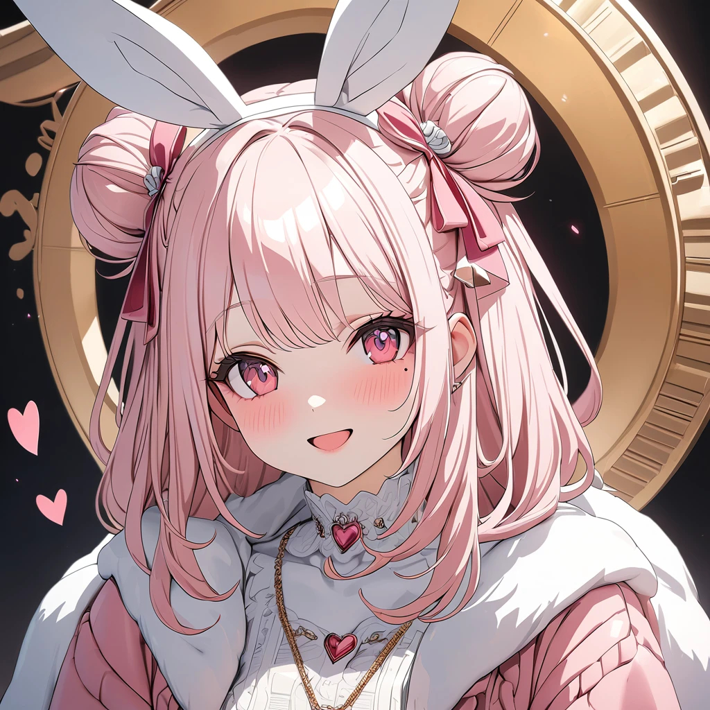 highest quality, highest quality, Very detailed, high resolution, expensive resolution, Human Development Report, 4K, 8K, unity 8K wallpaper, expensively detailed CG, masterpiece, Practical, photoPractical, 2D, 3d, Beautiful details, depth, Delicate texture , very good: 1.3, Fully focus, crispy.skin, .he,
Very cute anime girl with Pink bun wearing expensive , A girl, Smile、Solitary, Pink bun, Animal ears, Bunny ears, mole under the eye, looking at the viewer , expensive , blush, mole, Bunny ears, Open your mouth, Hair accessories, heart, Pink Eyes, Necklace