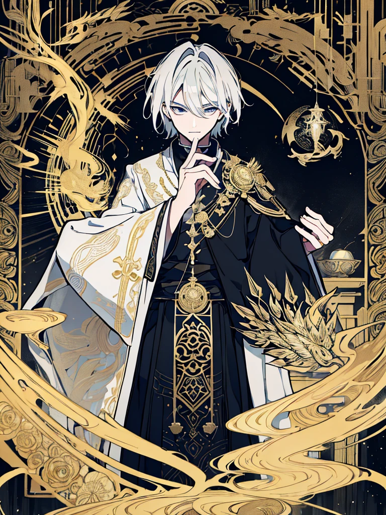 A white-haired man wearing a black robe covered in intricate gold and silver decoration, with motifs of ancient symbols representing power and wisdom. mysterious smoke background.