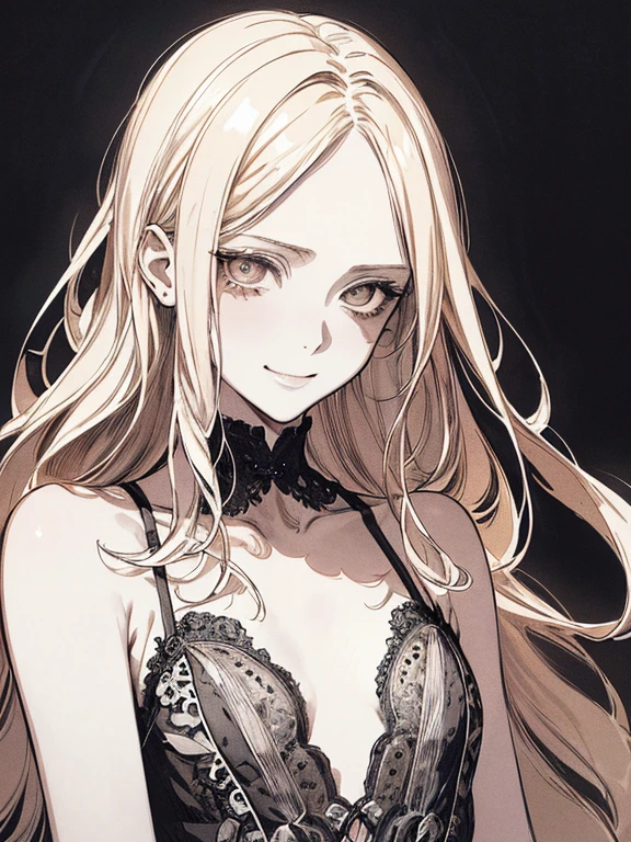 Highest quality, (Background details), High Contrast, Very beautiful  , Detailed original illustrations,very small stature、、Villain、Half Ring, Wavy platinum blonde hair、 Delicate face,  Spoiled brat、White sundress、Real breasts, Flat Chest、Wicked Smile, Evil Eye, Black background, (Black background: 1. 5), Beautiful line art, Monochrome