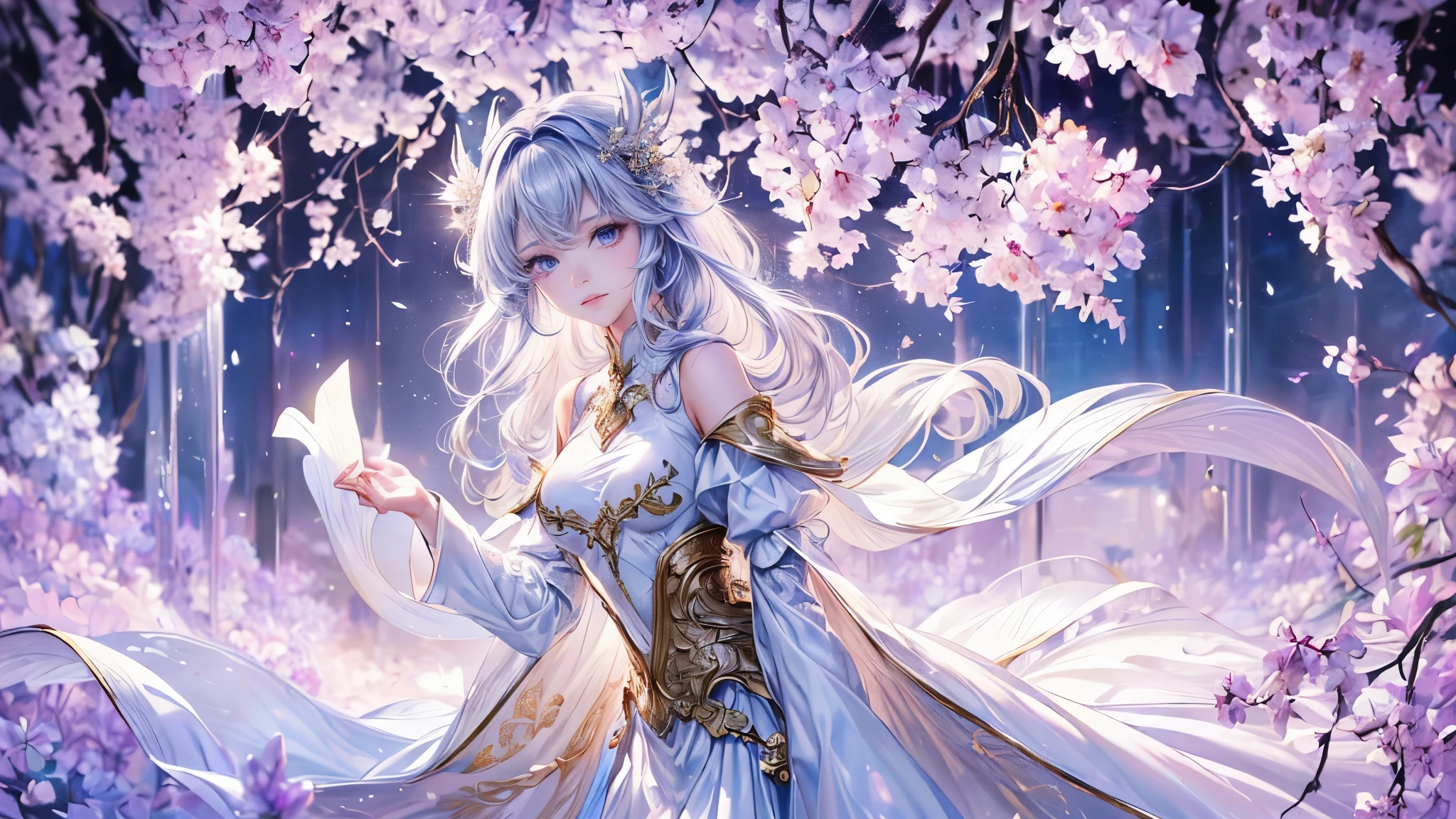 (8K, 最high quality, masterpiece: 1.2), Fire emblem: Genealogy of the Holy War,Deirdre,purplish-silver hair,Wavy Hair,Fleeting,Long walking stick,White robe,beautiful girl,Moonlit Night,sexy,Glamour,Purple eyes,sacred,Dynamic pose,One Girl,Flower Field,Lakeside(the best品質を最高に8K, CG, Beautiful and exquisite upper body, Floral forest background, Complex facial features, Almond Eyes, Exquisite eye makeup, Long eyelashes fluttering, Blinking big eyes, (masterpiece, 最high quality, the best, Official Art, Beautiful and beautiful, Long-term exposure: 1., Smooth movement, Attractive patterns, 1 Girl, (Long sleeve dress: 1.3), (((White clothes) )), Delicate face,Lavender colored hair,Wavy Hair, Gradient Hair,Long Hair, Bare shoulders, ,Detailed Background, Delicate face, (Crystallized Aluminum, Crystal Theme:1.1), Dynamic pose, Suspended particles, Ethereal atmosphere,gem,One Girl,goddess,Delicate and beautiful face,Flowing,Full Breast,Perfect balance, Detailed clothing details,Cinema Lighting, Film Grain, Fujicolor, masterpiece, Textured skin, Very detailed, High detail, high quality, High resolution,(最high quality, masterpiece, Dynamic Angle, the best詳細)