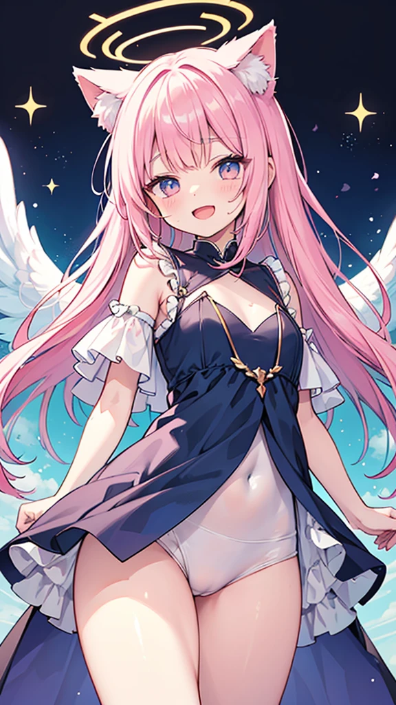 hyper precise hyper detailed illustrations,fate grand order style,1short shota,pink hair,long hair,angel halo,cat ear,cat tail,open mouth cat smile,looks like little bitch,Whip thick thighs,adult-game style magical girl costume,flat chest,