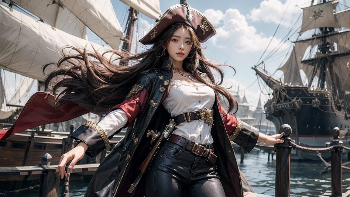 21yo girl pirate, standing against a dark, pirate ship background, wearing a classic pirate outfit consisting of a tricorn hat, a white shirt with a red sash, dark leather gloves, and a long dark coat. Her pants are fitted, and she has knee-high, heeled boots. The overall atmosphere should be mysterious and adventurous, capturing the essence of a daring and charismatic pirate character.