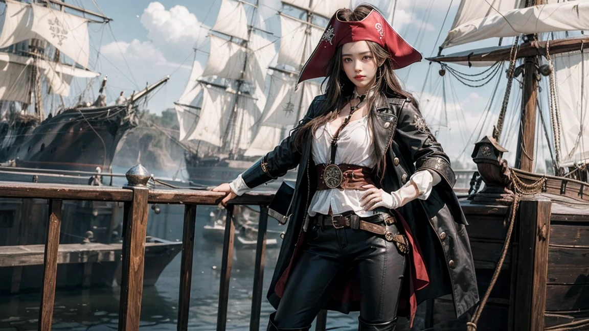 21yo girl pirate, standing against a dark, pirate ship background, wearing a classic pirate outfit consisting of a tricorn hat, a white shirt with a red sash, dark leather gloves, and a long dark coat. Her pants are fitted, and she has knee-high, heeled boots. The overall atmosphere should be mysterious and adventurous, capturing the essence of a daring and charismatic pirate character.