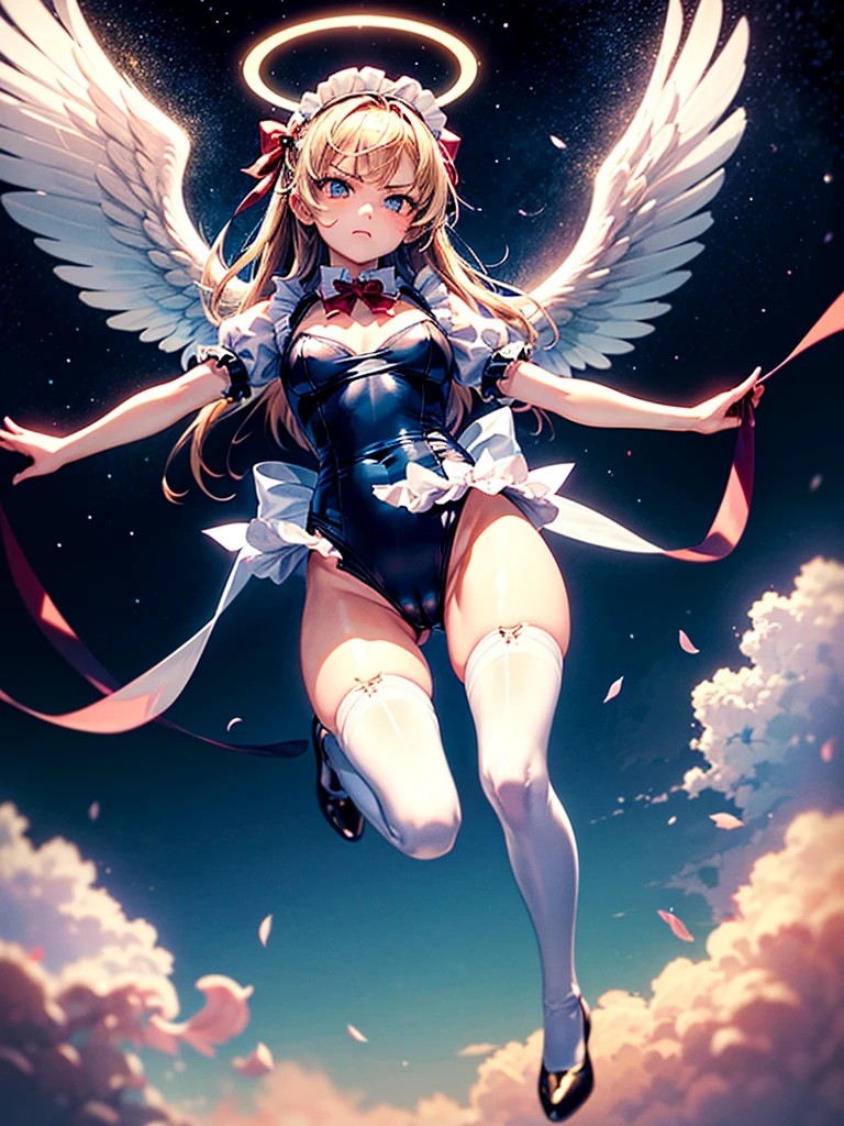 Highest quality,Highest Resolution,Beautiful girl with angry face in maid leotard,Frills,High leg,(((Floating in the air))),Halo,universe,Milky Way,meteor,Very beautiful eyes,(((White angel wings on the back))),whole body,long hair,(((Shoot a bow))),Knee-high stockings,Floating in the air,