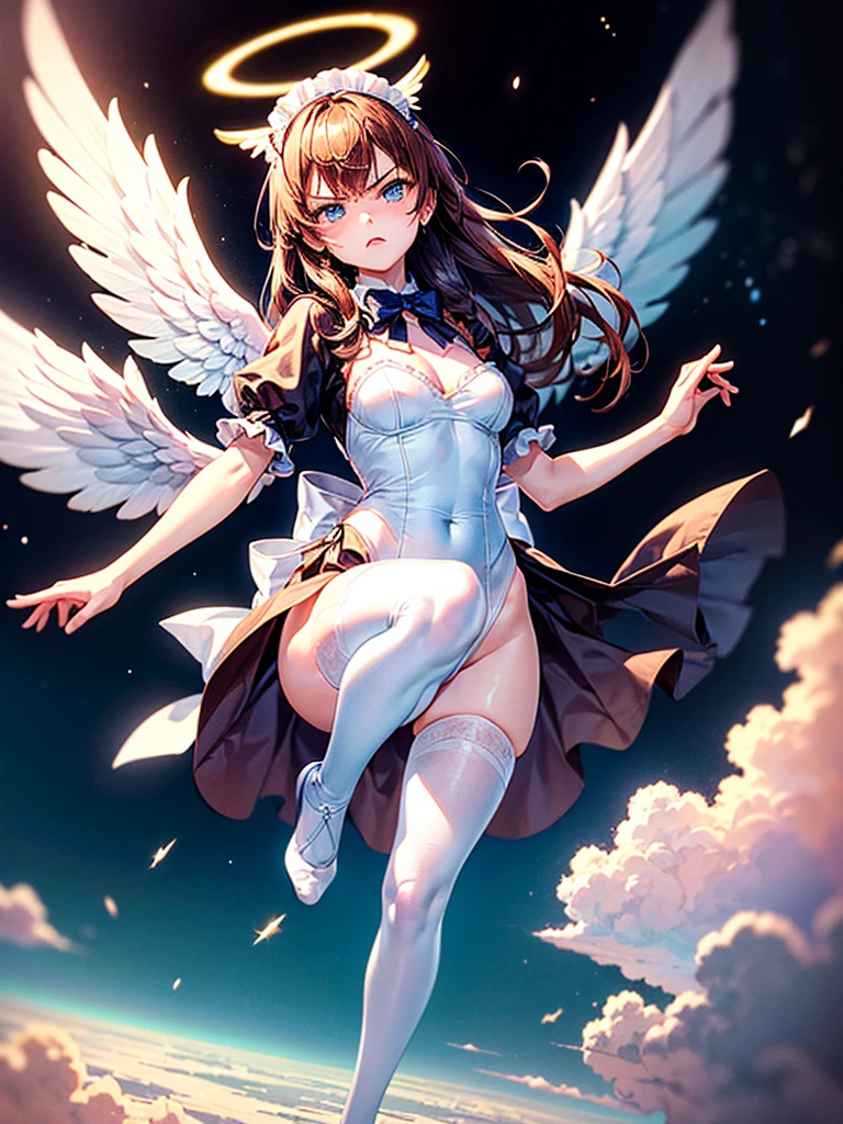 Highest quality,Highest Resolution,Beautiful girl with angry face in maid leotard,Frills,High leg,(((Floating in the air))),Halo,universe,Milky Way,meteor,Very beautiful eyes,(((White angel wings on the back))),whole body,long hair,(((Shoot a bow))),Knee-high stockings,Floating in the air,