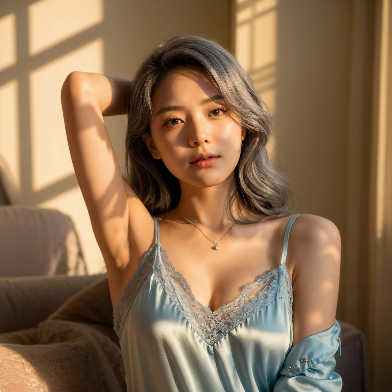 Create a realistic, UHD, 8K visual of A young korean woman with pastel grey hair is posing indoors, with her arm raised and resting on her head, showing a relaxed yet confident demeanor. She is wearing a light red, lace-trimmed camisole. A delicate necklace with a pendant rests on her chest, large chest, legs spreads aparts. The background shows soft shadows on a light-colored wall, indicating warm, natural lighting. The woman's expression is calm and slightly pensive, her gaze directed at the camera, creating an intimate and personal atmosphere.