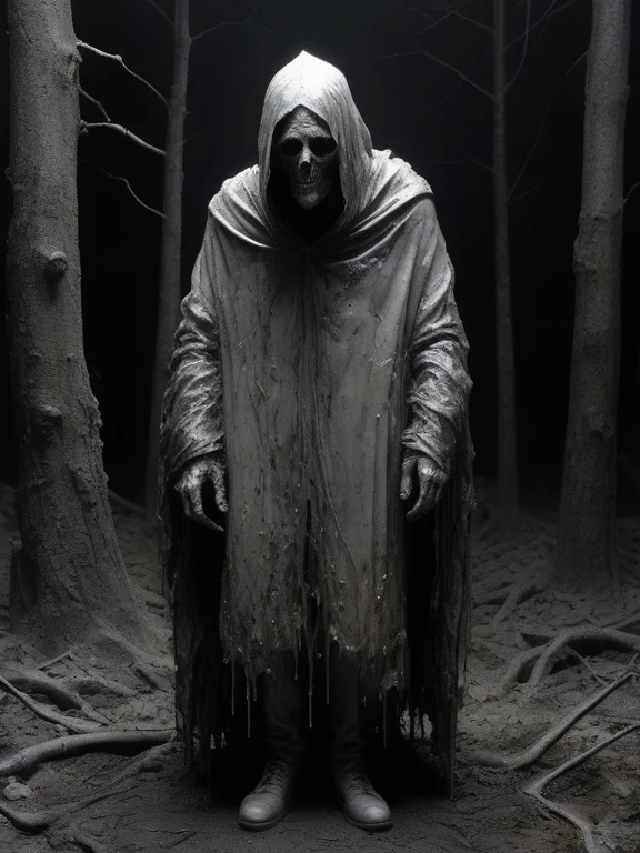 ral-mold,(by Nicola Samori:1.2),peter de seve,
masterpiece,best quality,in the style of nicola samori,3D,hauntingly abstract,style of Stephen Gammell,by Francis Bacon,shifting textures,grayscale,photorealism,high resolution,
A terrifying creature,on the path of the dark forest,with a tattered cloak,(scarlet eyes glowing:1.2),and a disgusting mold all over its body,