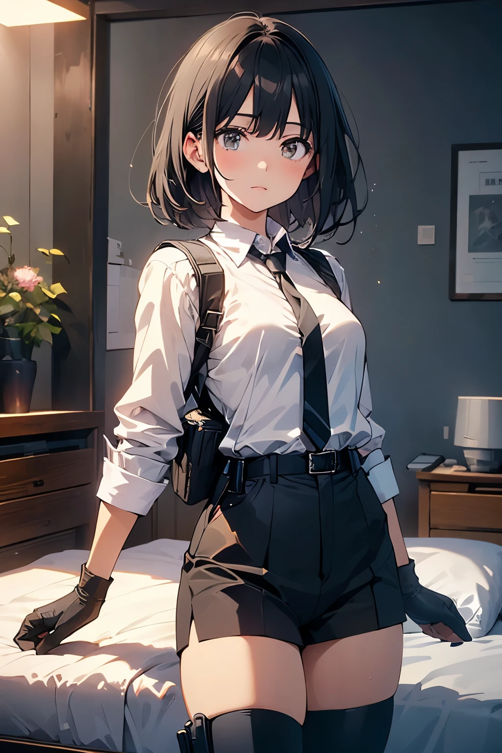 1 female, , high quality, masterpiece, Ultra-high resolution, , Cinema Lighting, , , And the suspenders with the cranes flying Moderate breasts Small face holster Lying in bed Looking up Sweat belt summer 脇Sweat Black Hole Gloves suit shirt Black jacket Black trousers Leg Links ズボンにbelt holster Hands behind your back Anxious expression Looking up Anxious face, legs apart